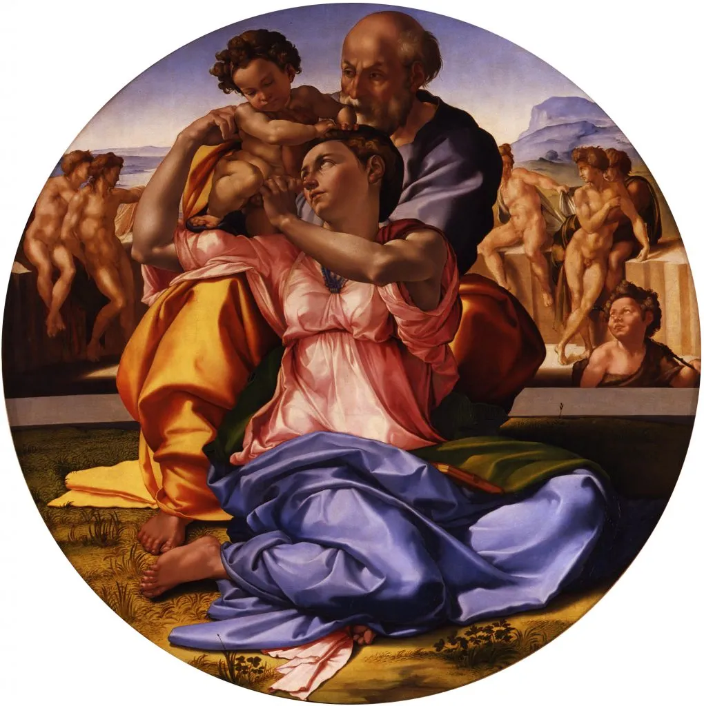 Sacra Famiglia, Tondo Doni di Michelangelo: Maria, Giuseppe e il Bambino al centro di una composizione circolare, con figure sullo sfondo.