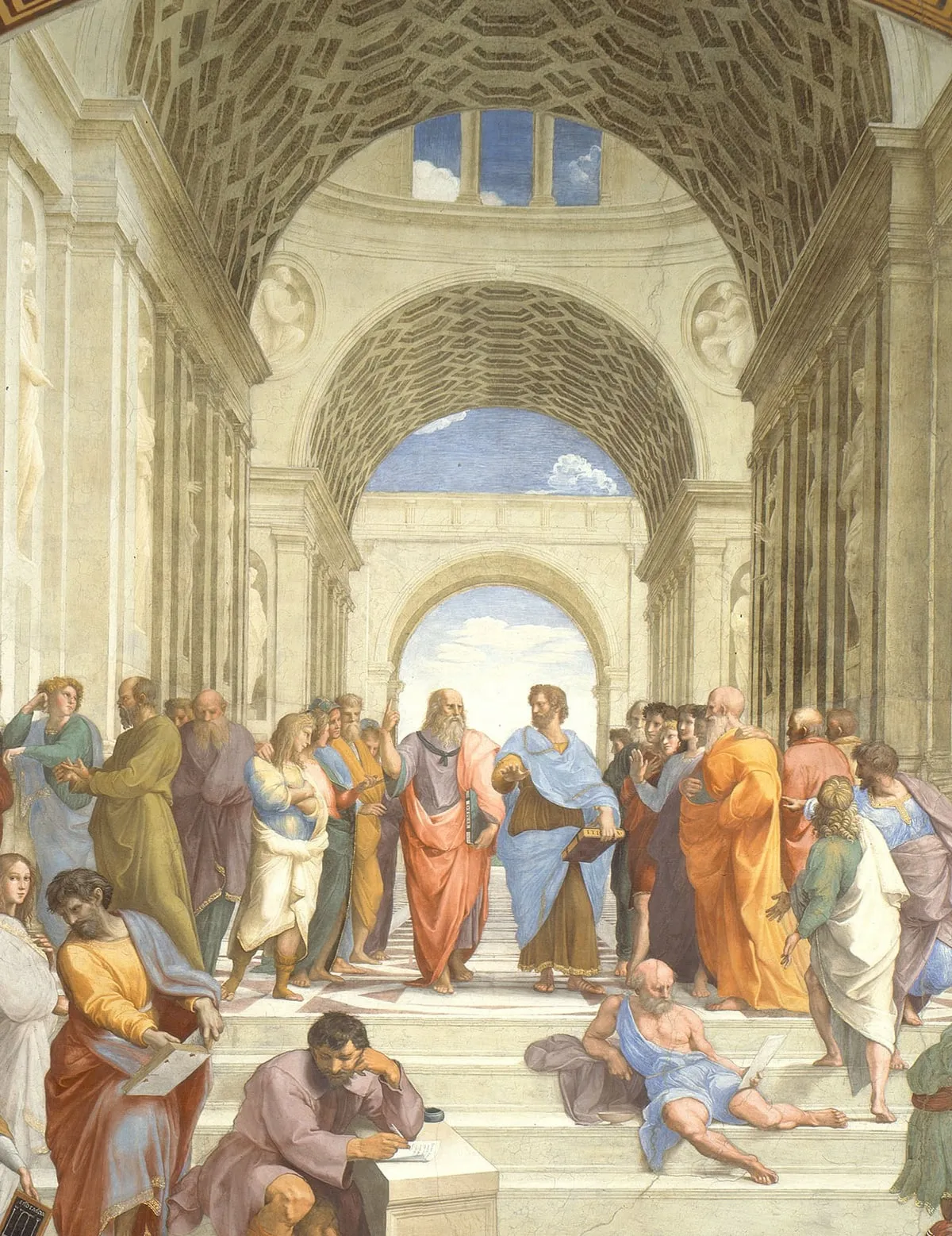 Particolare della Scuola di Atene di Raffaello: Platone e Aristotele conversano al centro di un’architettura ad arcate, circondati da filosofi.